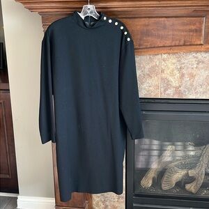 Sophisticated chic classy classic black long sleeve wool dress gold buttons 16